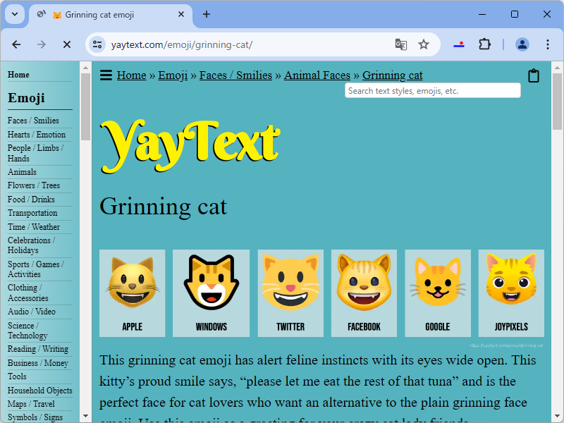 「yaytext.com」でネコの絵文字（U+1F63A、Smiling Cat Face With Open Mouth）を比較した様子