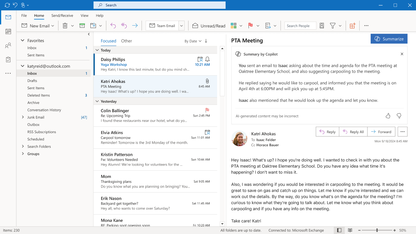Windows版でCopilotによるメール本文の要約
