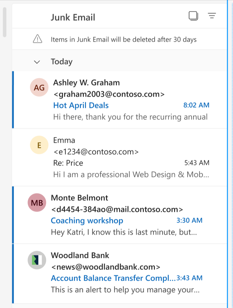 迷惑メールフォルダーの一覧に送信者の情報を確認