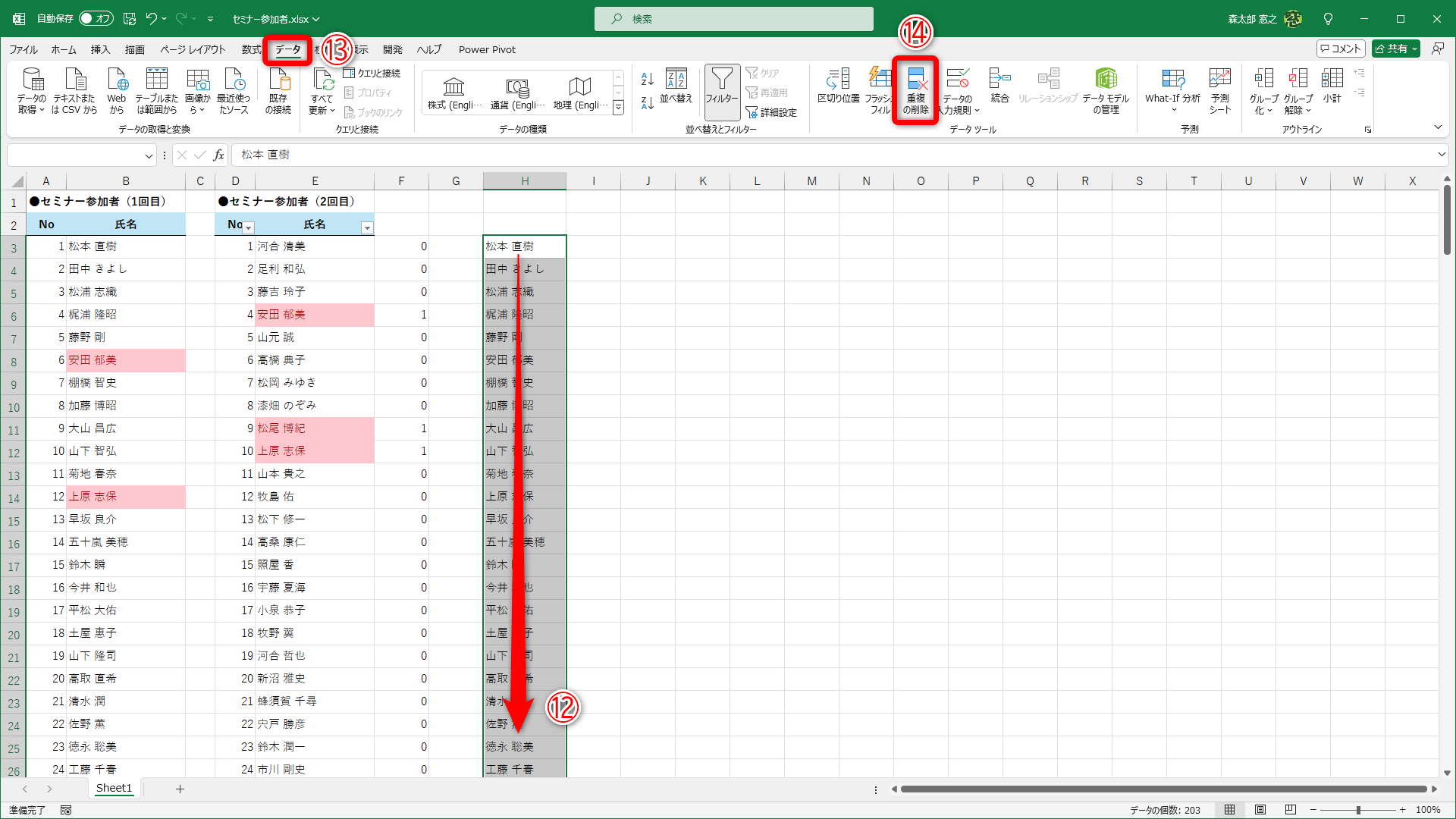 B列とE列のデータを続けて貼り付けておきます。セル範囲を選択して（⑫）、［データ］タブ（⑬）の［重複の削除］（⑭）をクリックします