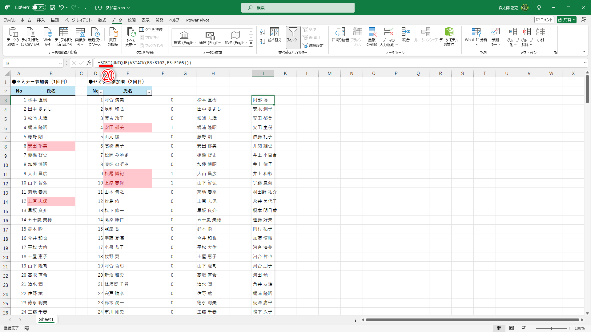 SORT関数（⑳）を組み合わせて、重複しないデータを昇順で並べ替えることも可能です