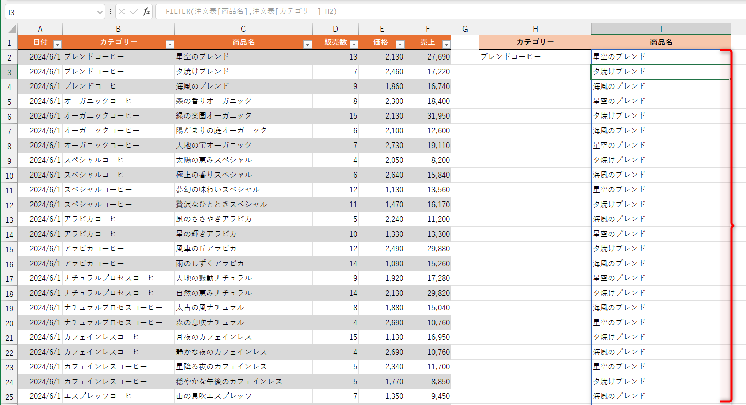 結果はスピルで表示される