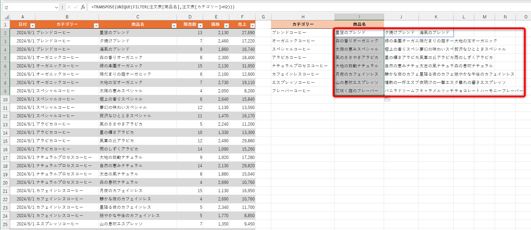 例えば、カテゴリー名の一覧を用意しておき数式をコピーすれば、重複のない横方向のリストを一気に作成できる