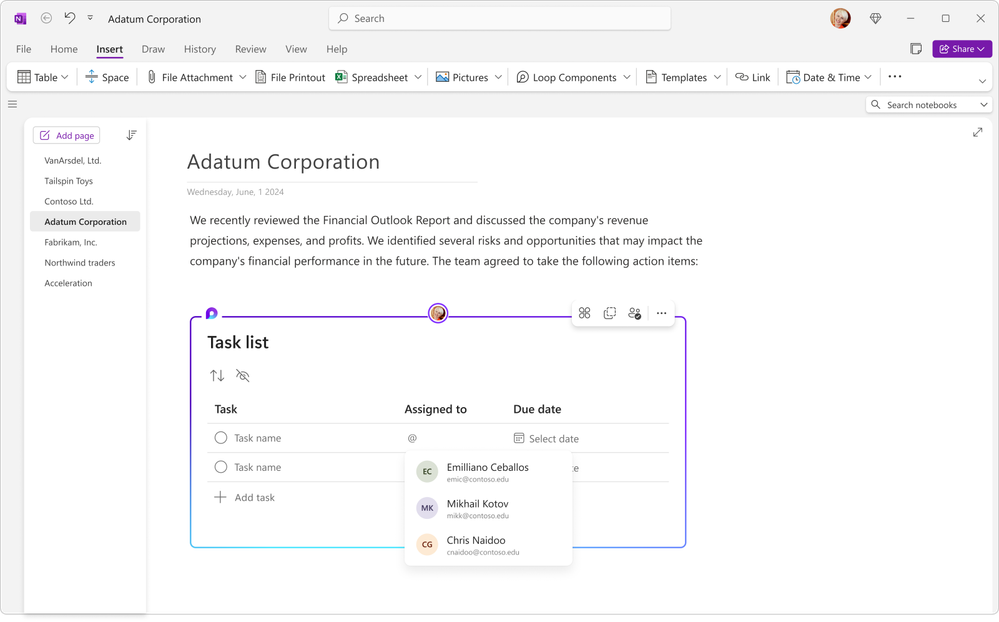 「Loop」コンポーネントには「@メンション」、コメント、リアクションといったさまざまなコラボレーション機能も