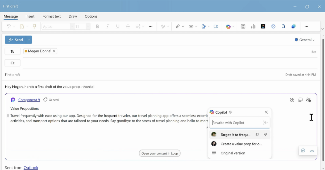 ループ コンポーネントが挿入された新しい「Outlook」のメール