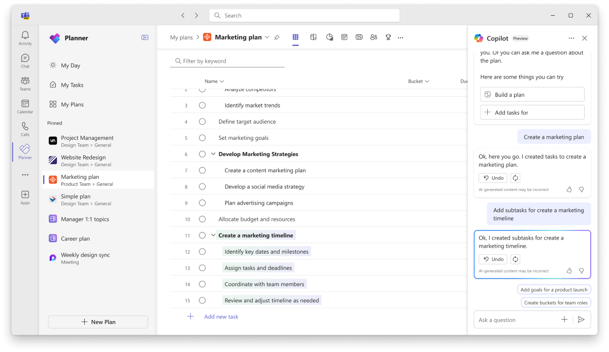 「Copilot in Planner」を使用したマーケティングプランの作成