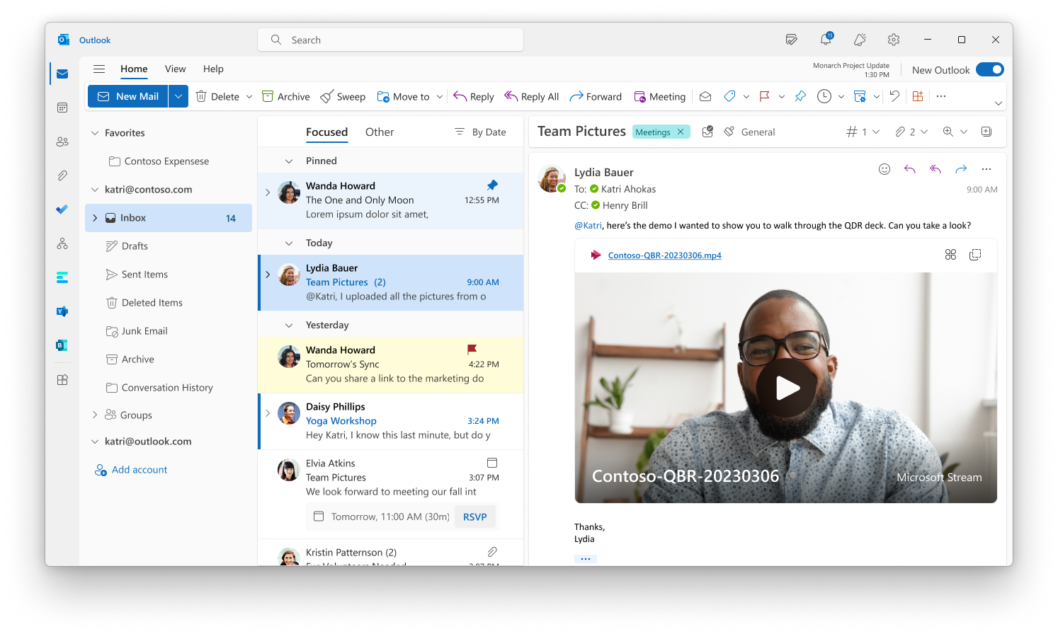 「Outlook」Windows/Web版において、メール添付されたビデオをインライン再生できる