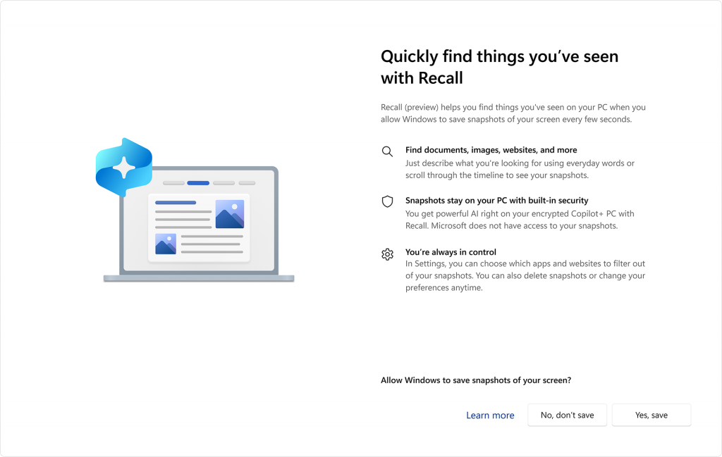 OSの初期セットアップ（OOBE）で「Recall」を有効にするかどうかをたずねる画面が追加