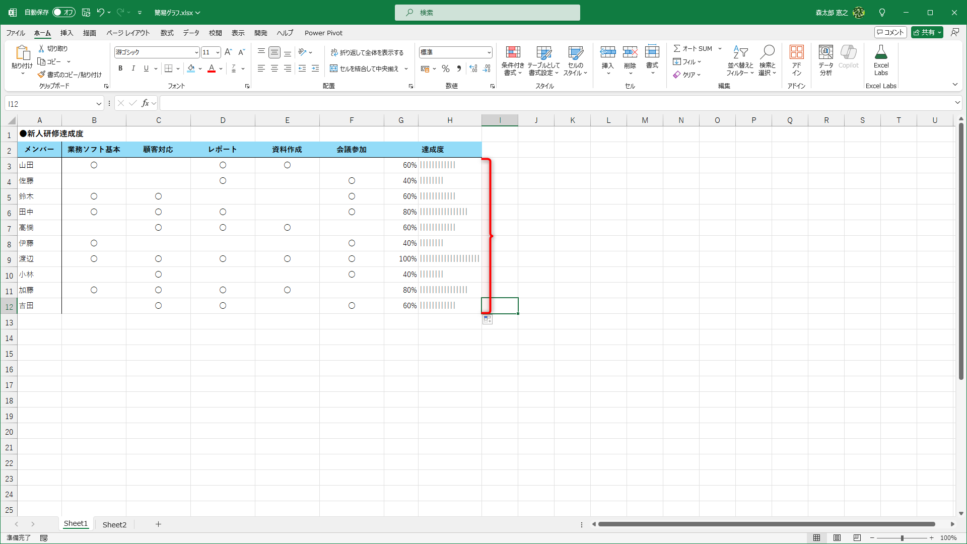 数式をコピーすれば、ほかのセルにも簡易的なグラフを表示できます