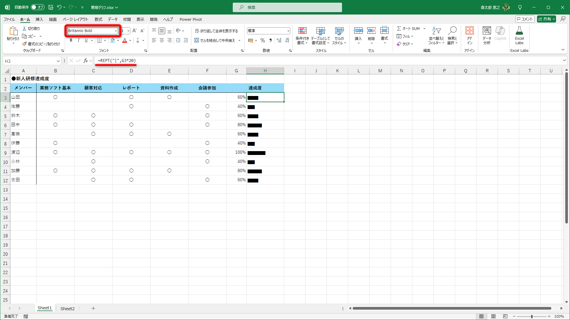 数式は変えずに、セルH3～H12のフォントを「Britannic Bold」に変えた状態です