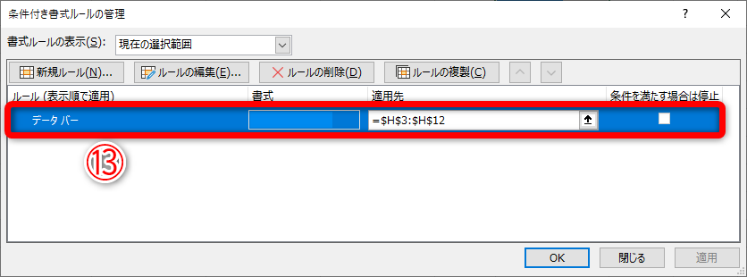［条件付き書式ルールの管理］ダイアログボックスが表示されます。設定された条件（⑬）をダブルクリックします