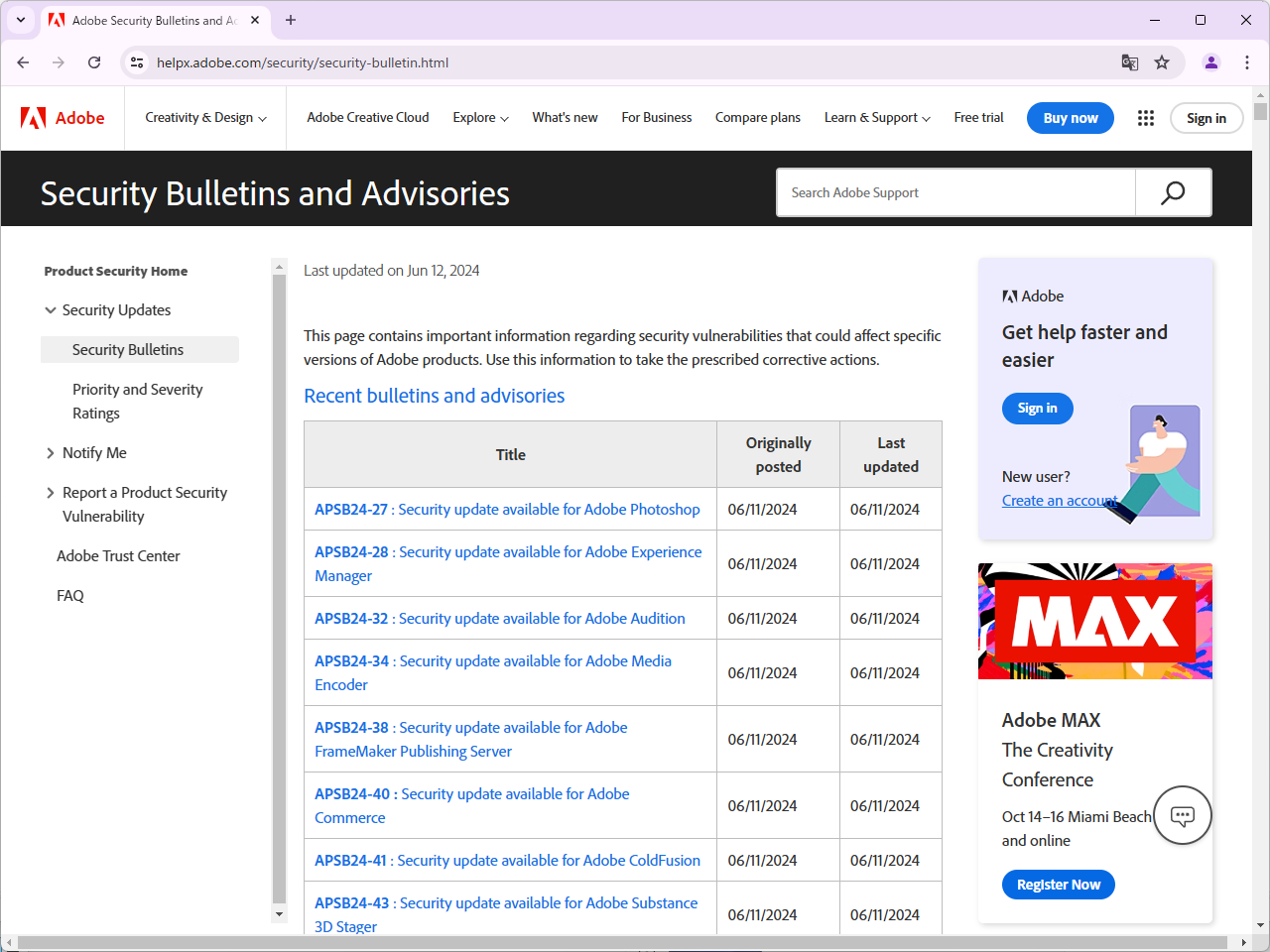 同社のセキュリティ情報ページ
