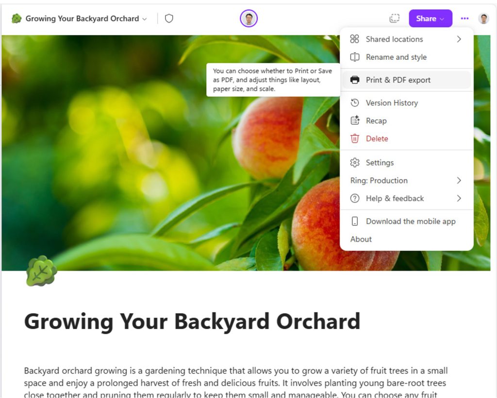 ［…］ボタンのメニューから［印刷と PDF のエクスポート］を選択