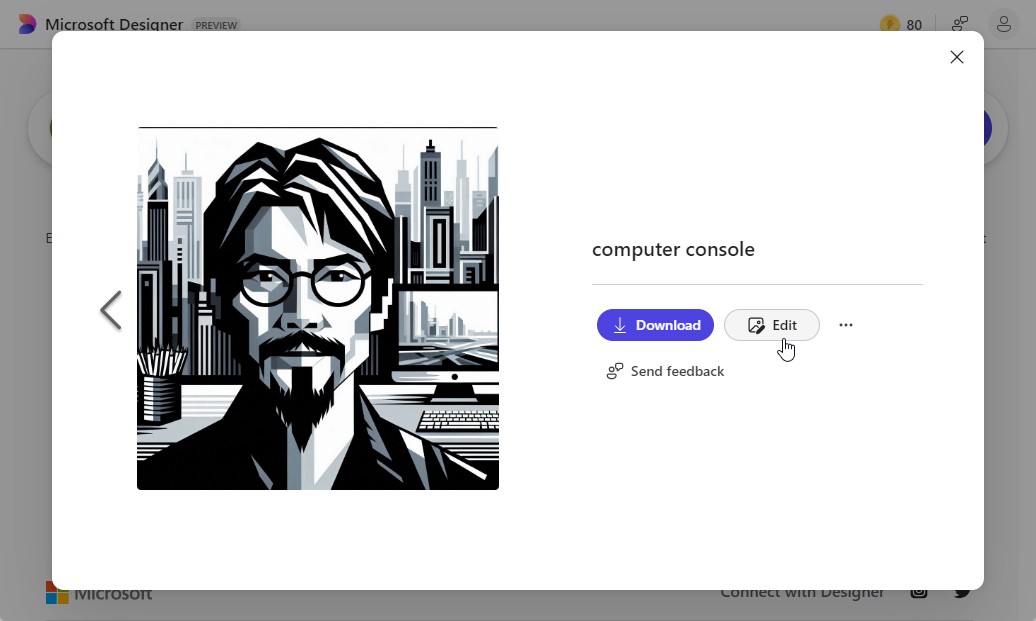 生成された画像はダウンロードするか、「Microsoft Designer」でさらに編集するかを選べる