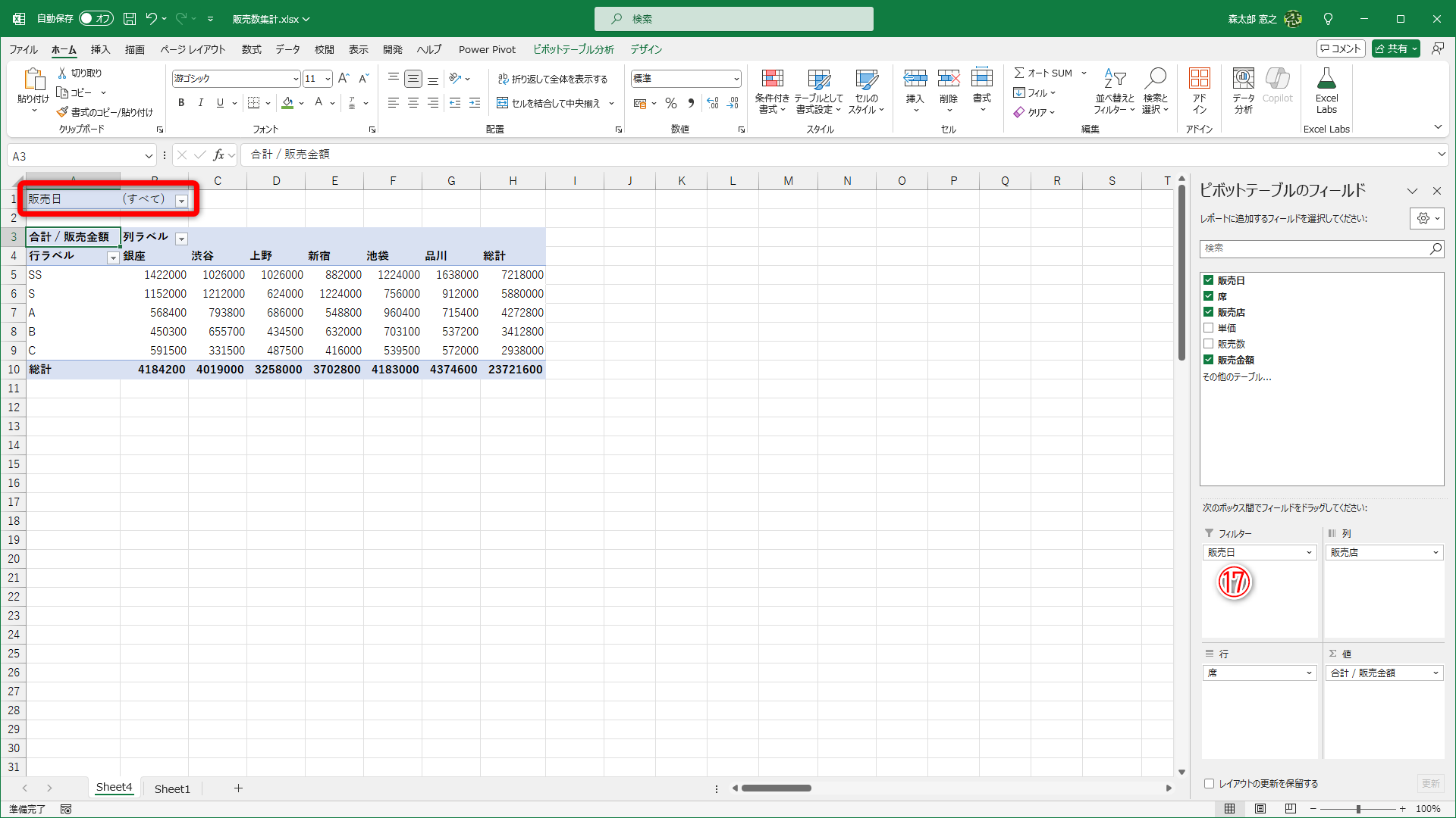 ［席］を［列］、［販売店］を［行］に指定して、［販売日］を［フィルター］に設定しました（⑰）