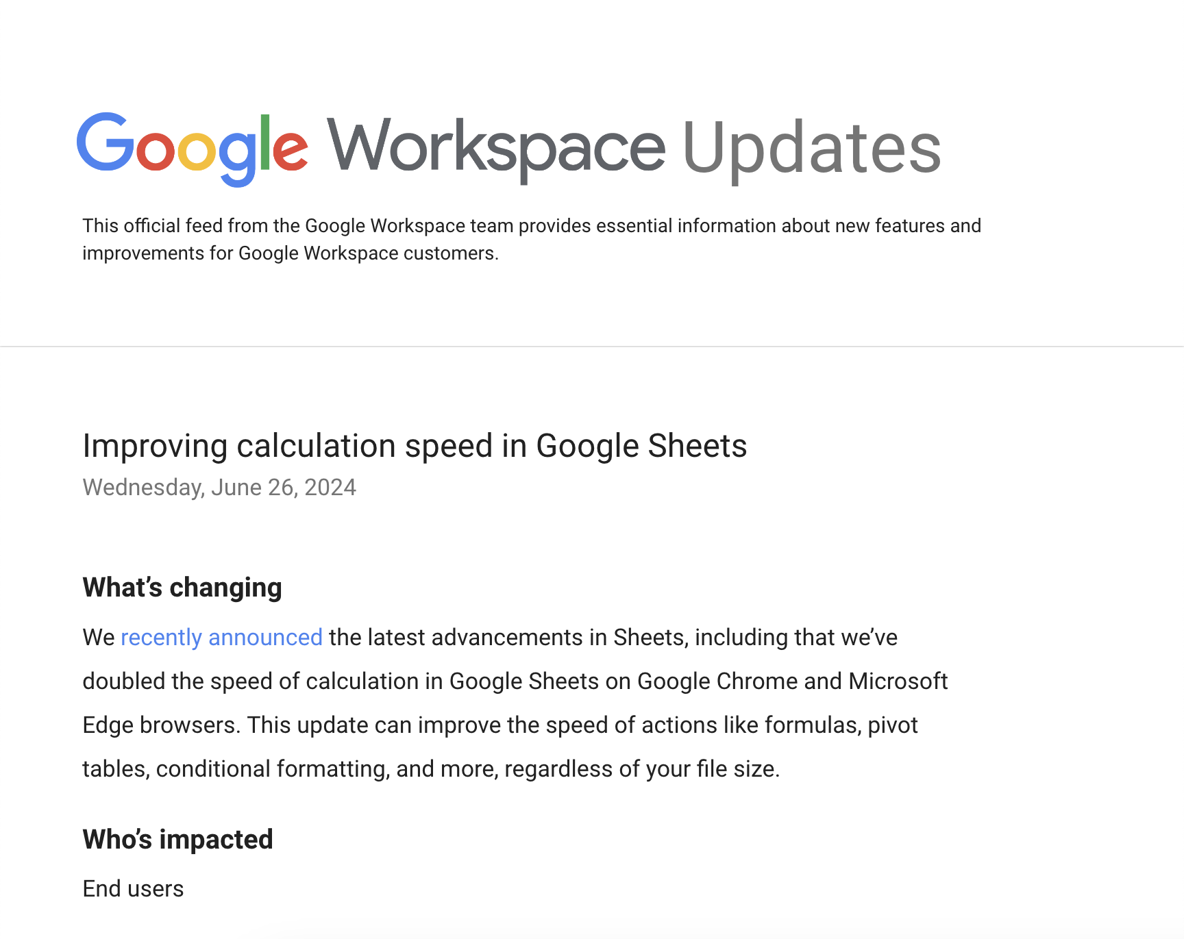 Google スプレッドシート、計算速度が2倍に