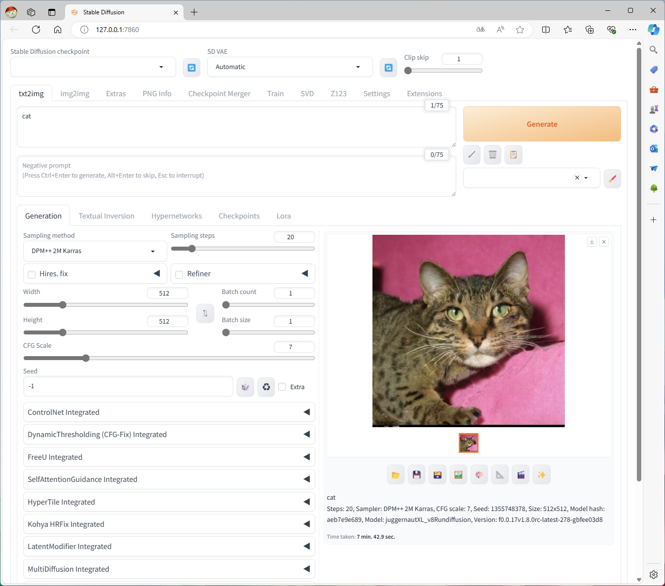 無事に猫の画像が生成された。かかった時間は約7分43秒