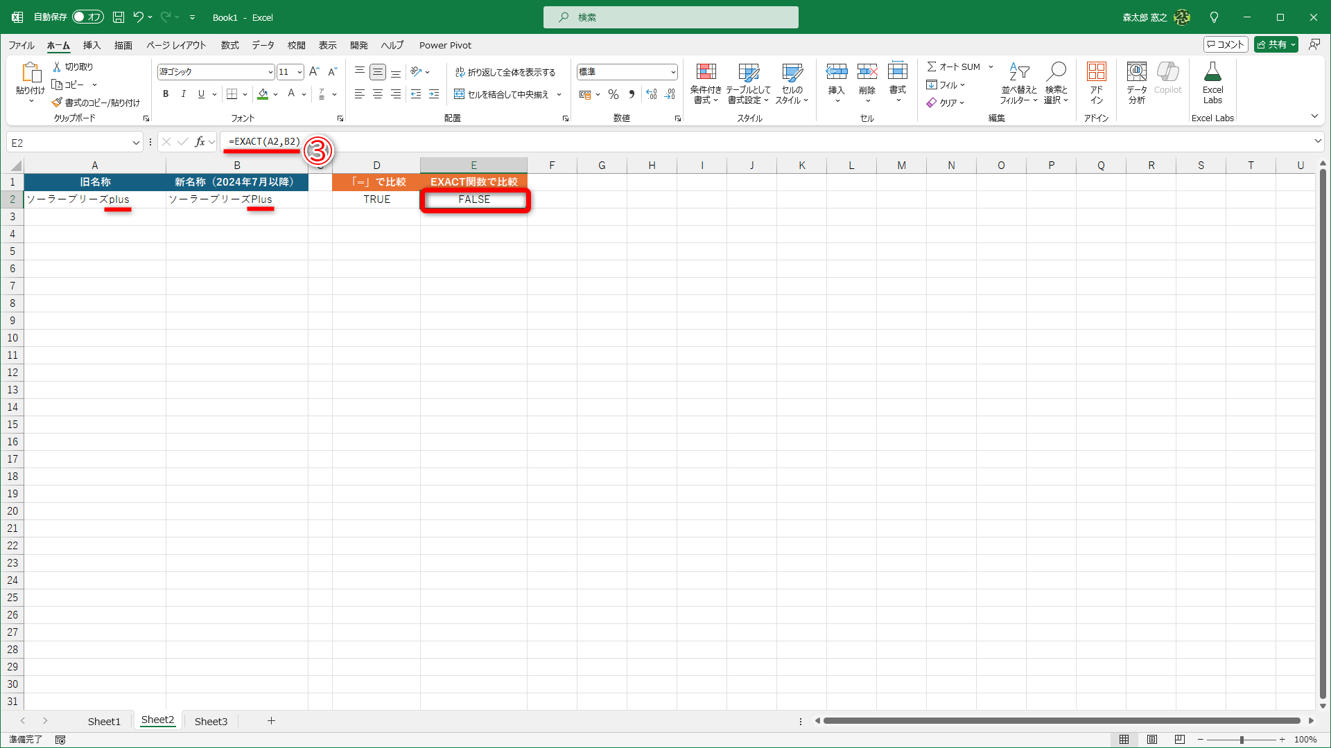 「plus」と「Plus」が異なる例です。セルE2には「=EXACT(A2,B2)」と入力してあります（③）。「=」では「TRUE」（同じ）と判定されますが、EXACT関数では「FALSE」（異なる）と判定されます