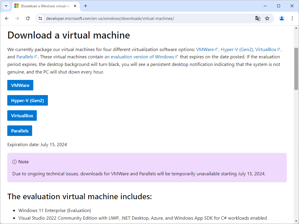 Windowsアプリ開発者向け「Windows 11」仮想マシンの提供ページ