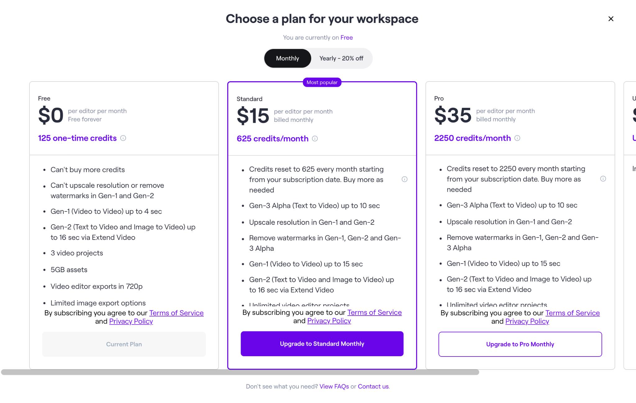 Gen-3 Alphaの利用にはStandardプラン以上の有料プランへの加入が必要