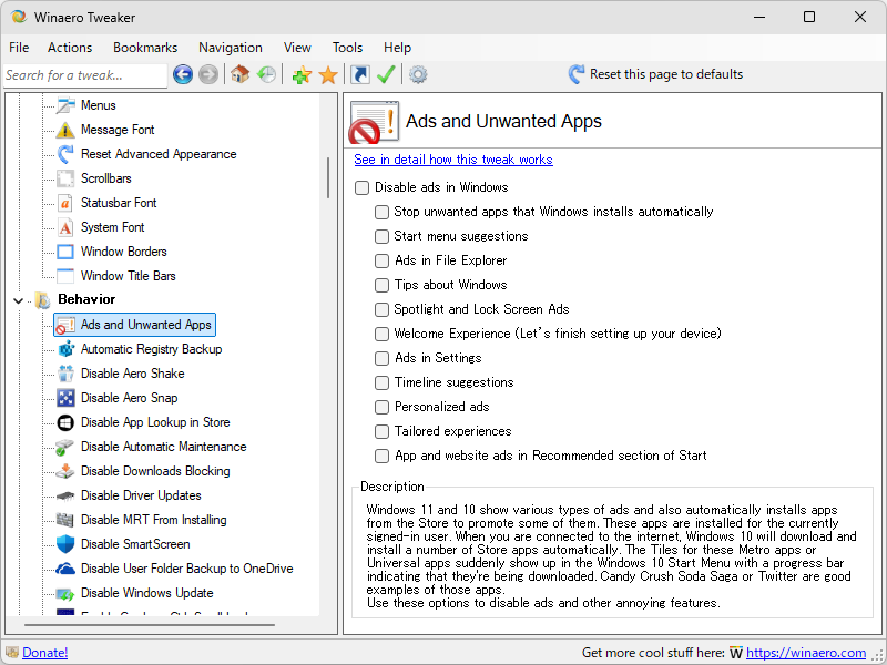 ［Behavior］－［Ads and Unwanted Apps］ページ