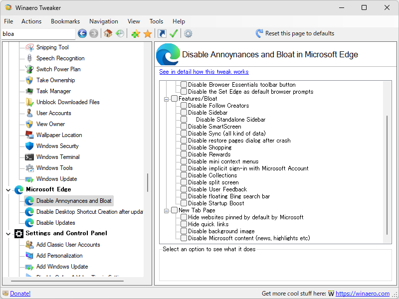 ［Microsoft Edge］－［Disable Annoyances and Bloat in Microsoft Edge］ページ