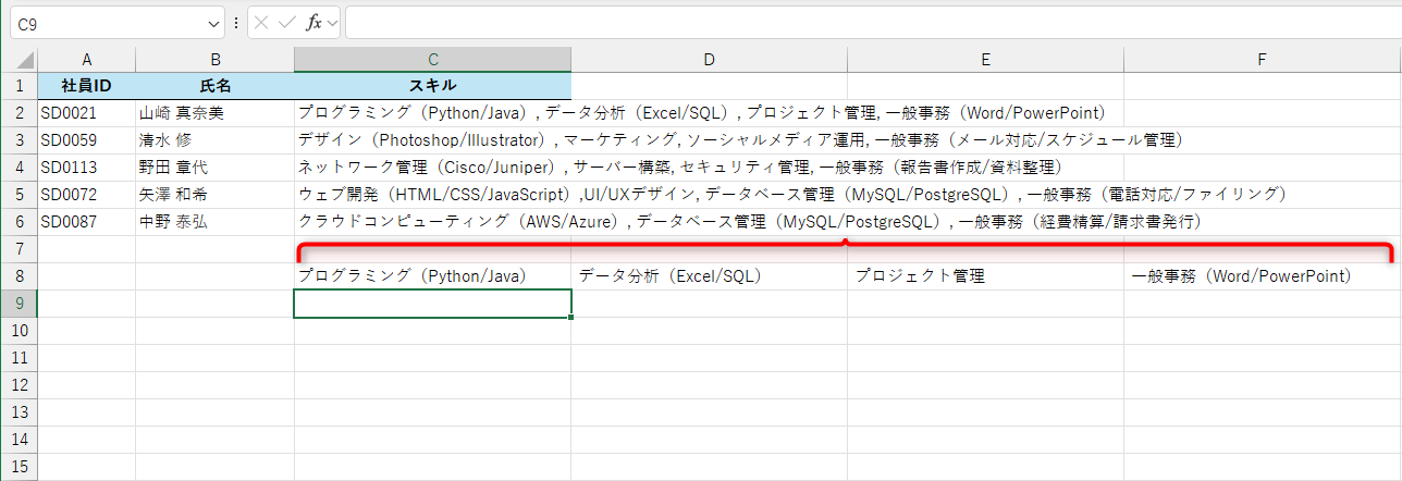 「,」の位置で区切られた。結果はスピルで表示される