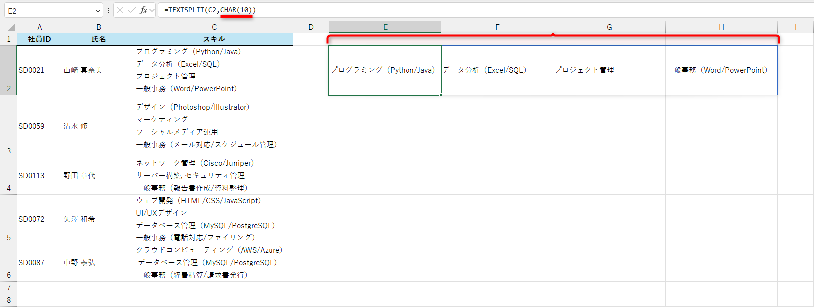 区切り文字を「Char(10)」として、セルE2に「=TEXTSPLIT(C2,CHAR(10))」と入力するだけ
