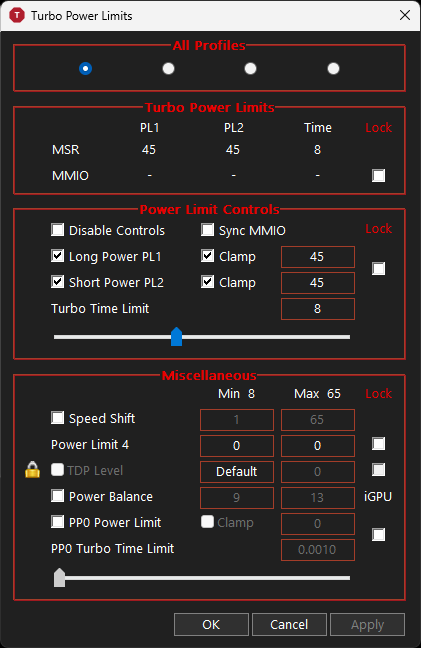 「Long Power PL1」と「Long Power PL2」の値を小さくするほど、CPUの消費電力は下がる。これは最大45Wに設定した状態