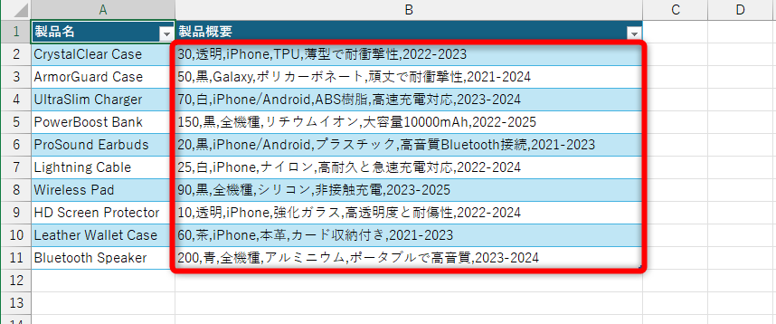 2列目の［製品概要］列は「,」で区切られたデータが入力されている