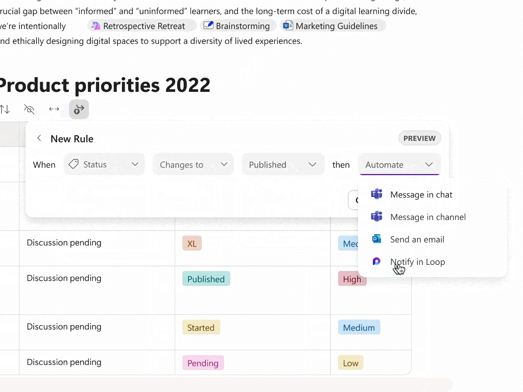 「Microsoft Loop」のテーブルでカスタム通知がサポート