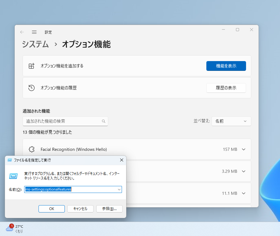 「設定」アプリの［システム］－［オプション機能］ページ
