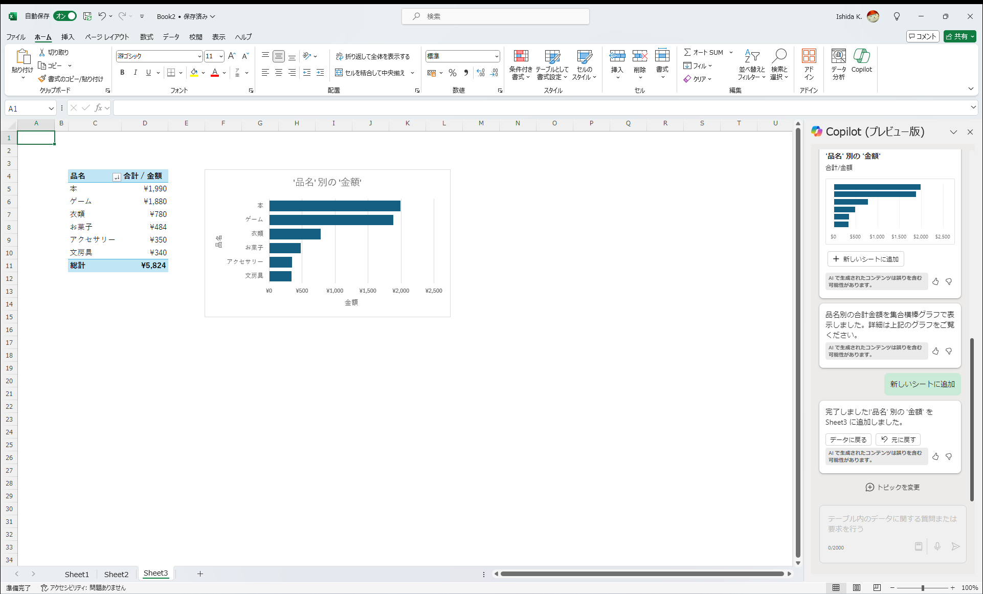 新しいシートに追加。品目別の合計額も計算済み