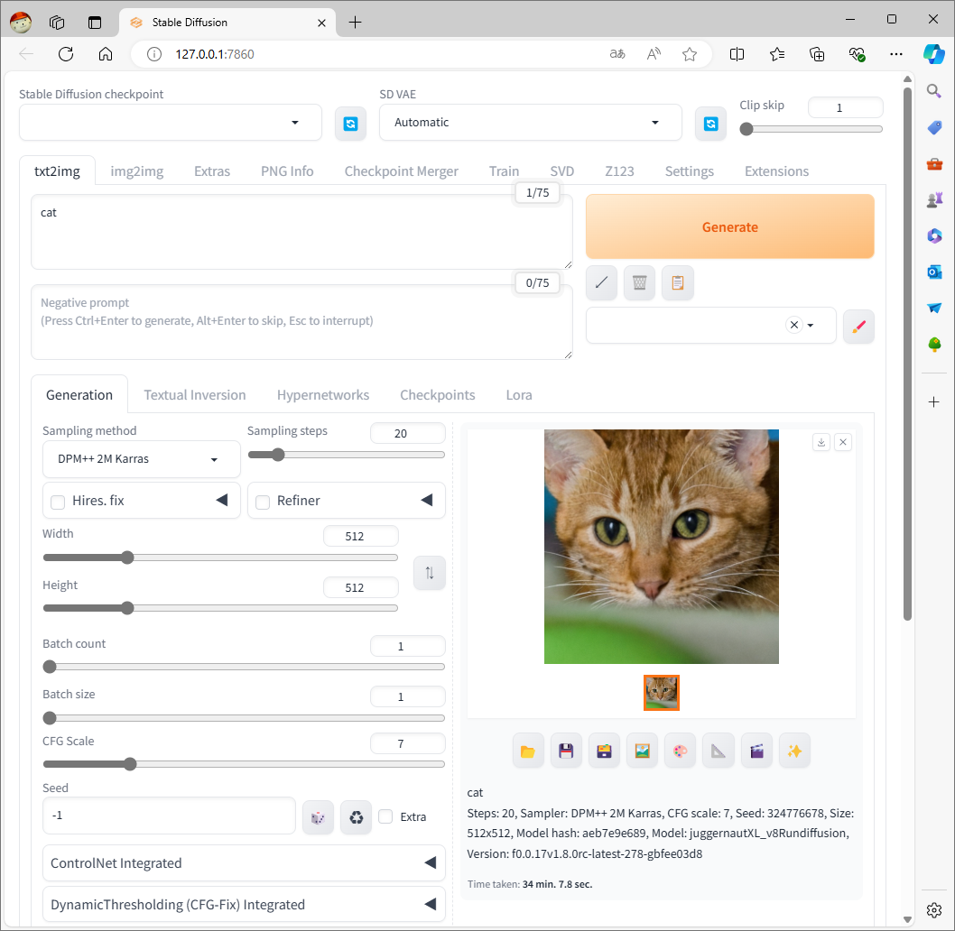 猫の画像を出力。指定したテキストが同じでも、出てくる画像は毎回違う