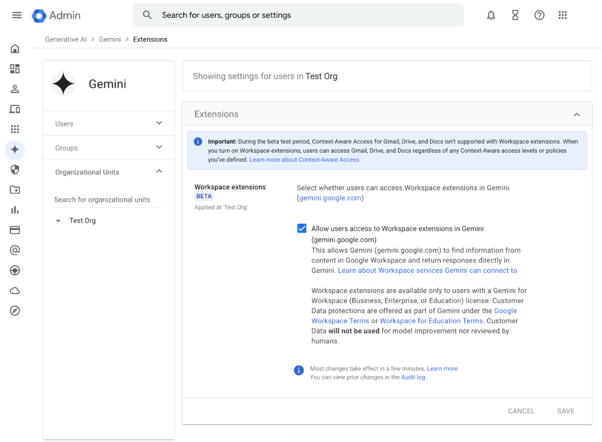 利用には管理者が「Google Workspace」拡張機能を有効化する必要がある