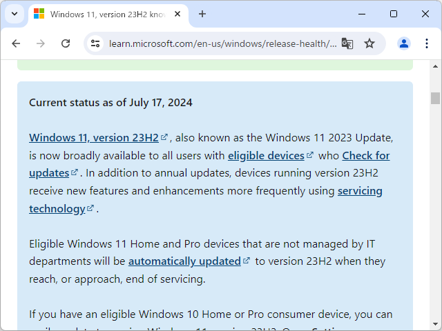 Windows 11のリリースヘルスダッシュボードにおける告知