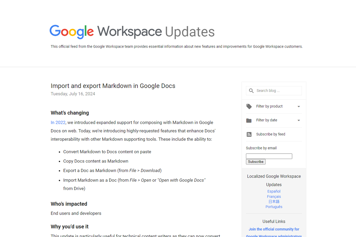 公式ブログ「Google Workspace Updates」