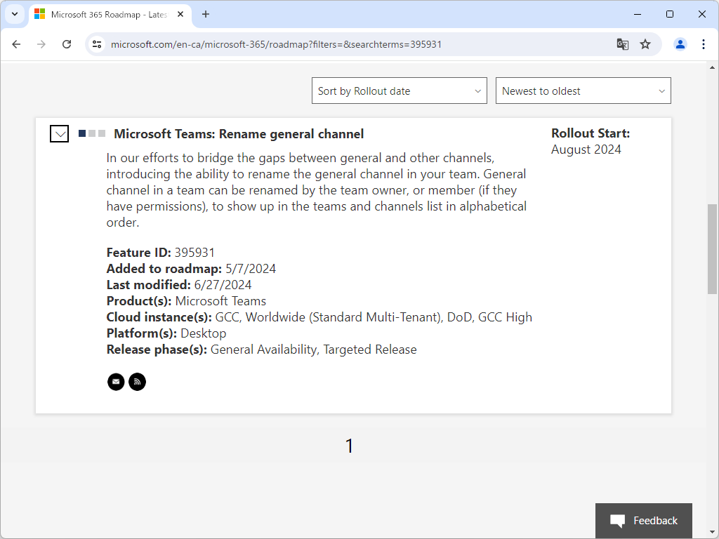 「Microsoft 365 Roadmap」（Feature ID: 395931）