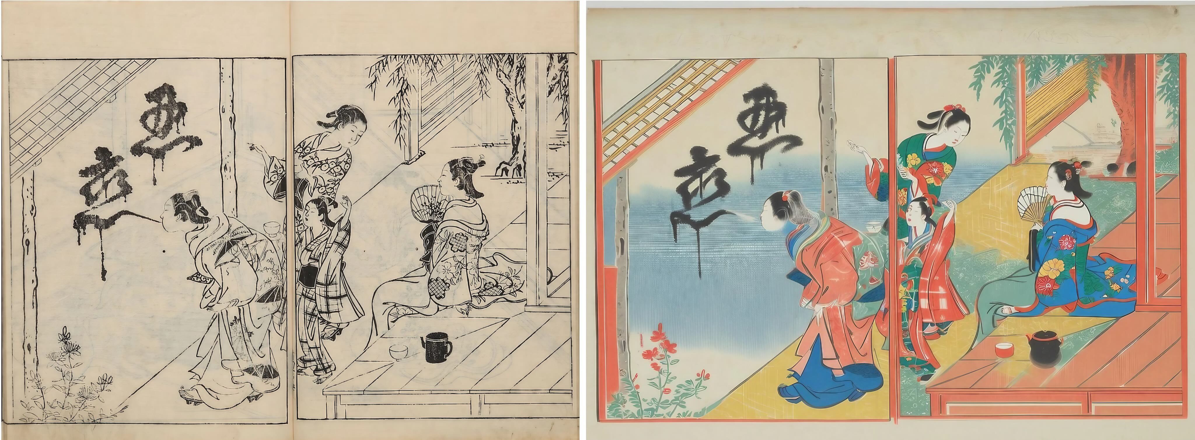 元の画像（国文学研究資料館蔵『絵本玉かつら』1736年刊）およびEvo-Nishikieでカラー化した画像