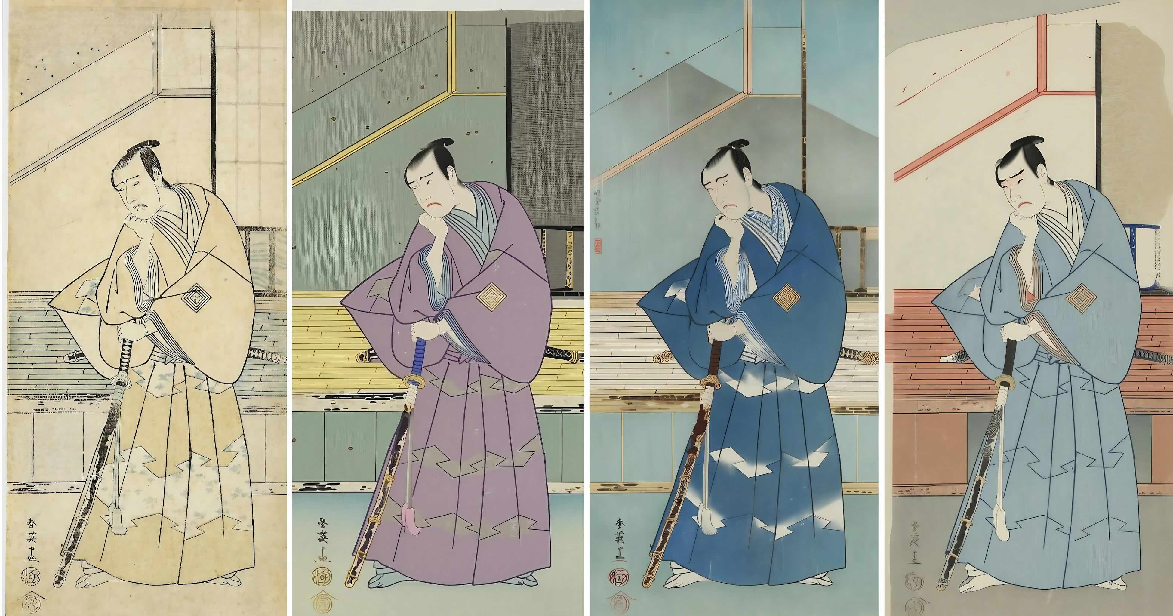 「Evo-Nishikie」によるカラー化結果：元の画像（ARC所蔵）およびEvo-Nishikieでカラー化した画像（3枚）