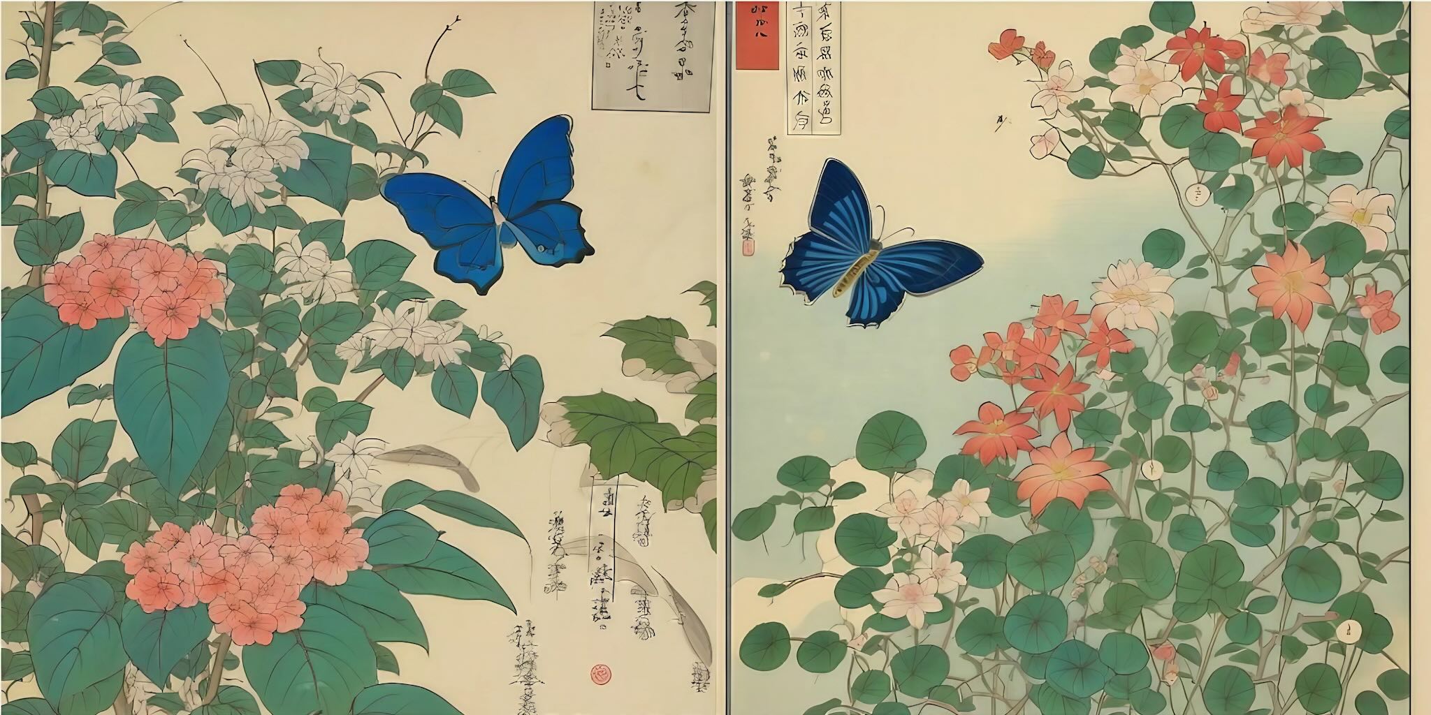 プロンプト：「植物と花がある。蝶が飛んでいる。最高品質の輻の浮世絵。」