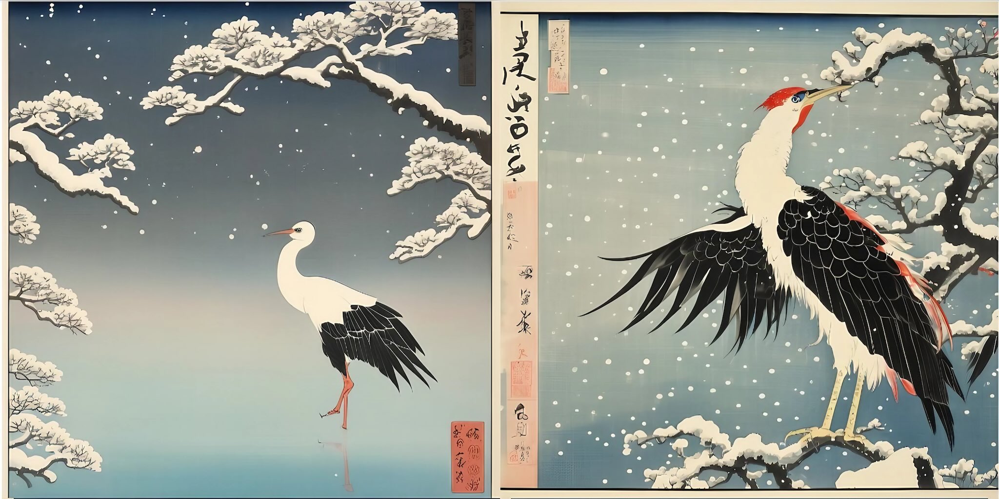 プロンプト：「鶴が庭に立っている。雪が降っている。最高品質の輻の浮世絵。」