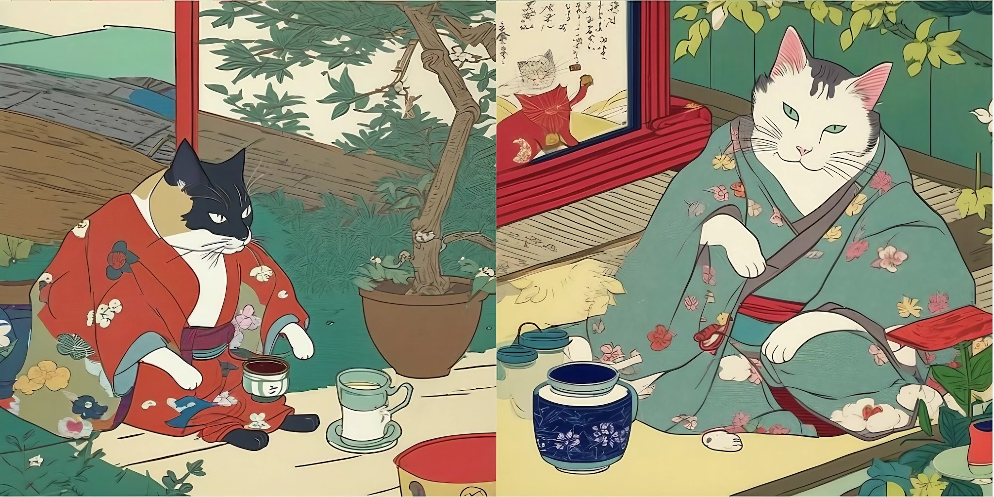 プロンプト：「着物を着ている猫が庭でお茶を飲んでいる。最高品質の輻の浮世絵。」