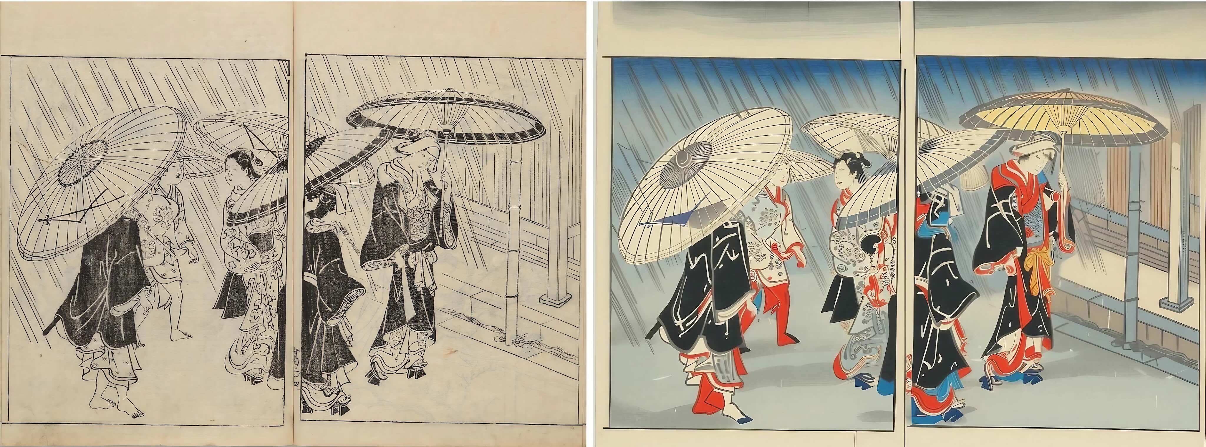 元の画像（国文学研究資料館蔵『絵本玉かつら』1736年刊）およびEvo-Nishikieでカラー化した画像