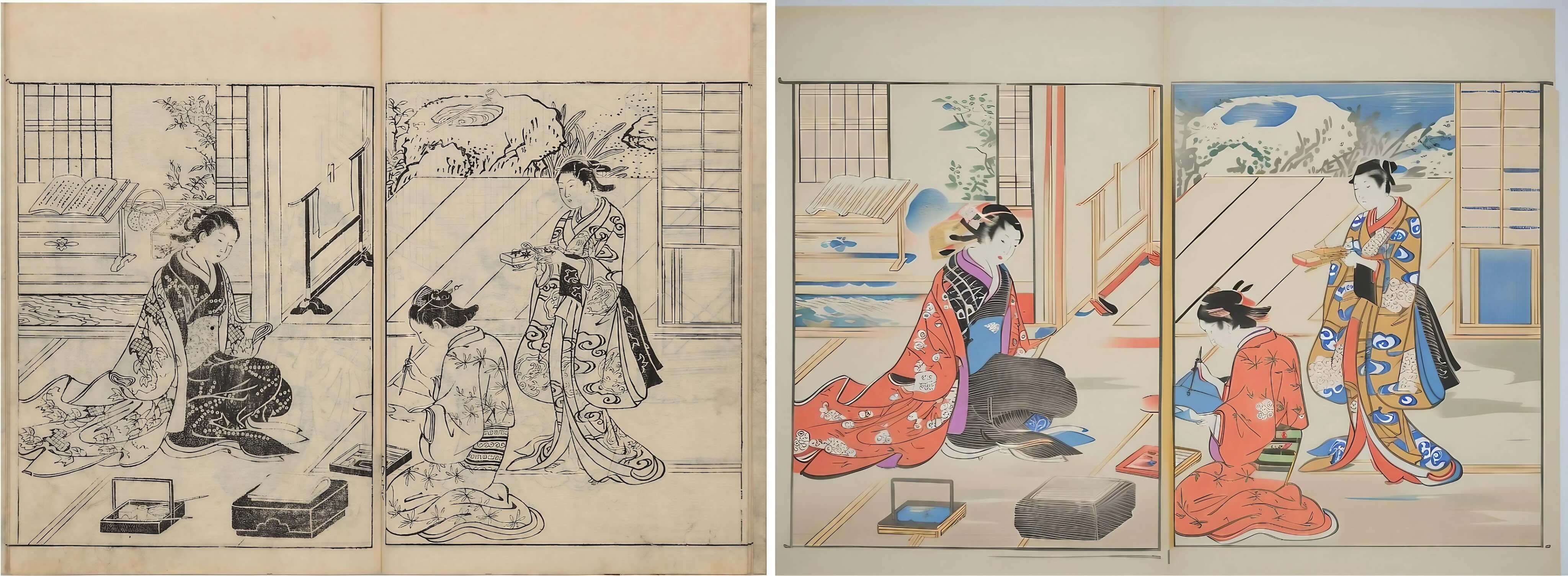 元の画像（国文学研究資料館蔵『絵本玉かつら』1736年刊）およびEvo-Nishikieでカラー化した画像