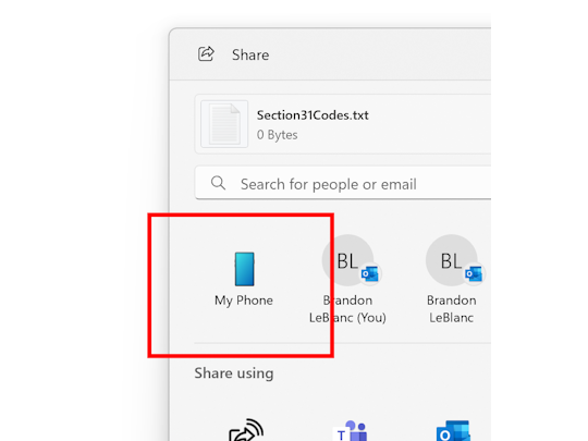 Build 22635.3785（Beta）で「自分のスマートフォン」アイコンが「Windows Share」ダイアログに追加