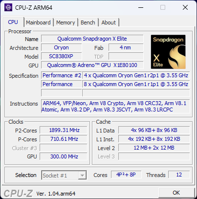 CPUは4＋8コア。GPUは「Adreno GPU X1E80100」と記載されている