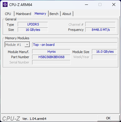 メモリはLPDDR5x（「CPU-Z」ではLPDDR5との記載だが、スペックシートにLPDDR5xと書かれている）で、8,448MT/sと非常に高速