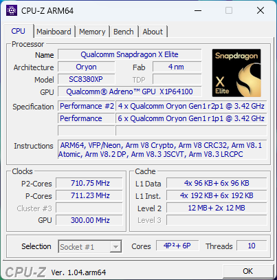 CPUは4＋6コア。GPUは「Adreno GPU X1E64100」と記載されている