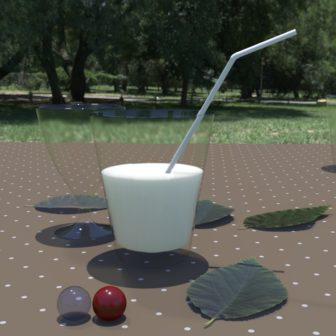 アルファ透過と屈折マテリアルの作例。奥の屈折オブジェクトが手前の屈折オブジェクトに透過し（映ら）ないのは仕様。飲み物は不透明な物のみ使用可能なのも以前と同じ